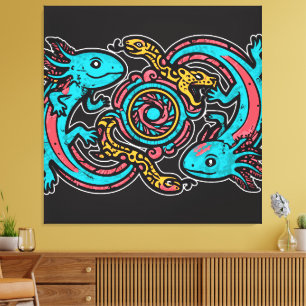 Aztec Axolotl Xolotl goden vechten roze blauw vint Canvas Afdruk