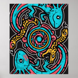 Aztec Axolotl Xolotl goden vechten roze blauw vint Poster