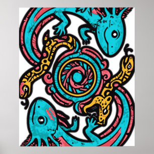 Aztec Axolotl Xolotl goden vechten roze blauw vint Poster