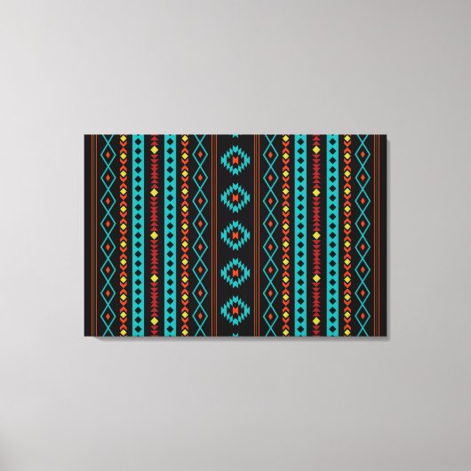 Aztec Blauwgroen Reds Geel Gemengde Motifs V Patro Canvas Afdruk (Voorkant)