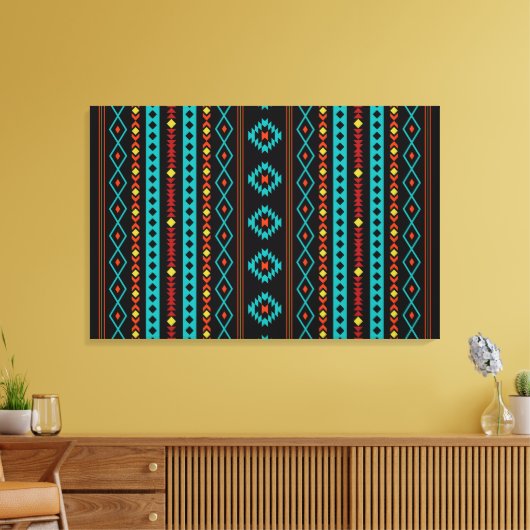 Aztec Blauwgroen Reds Geel Gemengde Motifs V Patro Canvas Afdruk (Insitu (Woonkamer))