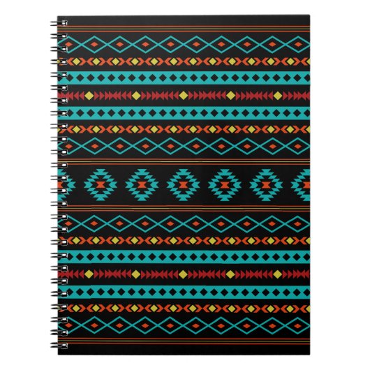 Aztec Blauwgroen Reds Geel zwart, gemengd patroon Notitieboek (Voorkant)