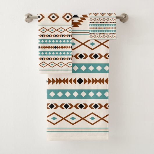 Aztec Blauwgroen Terracotta Black Cream Mixed Patt Bad Handdoek (Insitu)