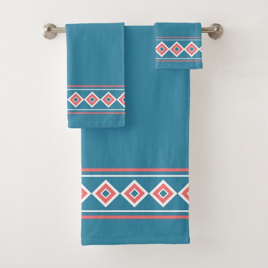 Aztec Blue Coral Diamond Southwestern Bad Handdoek (Insitu)