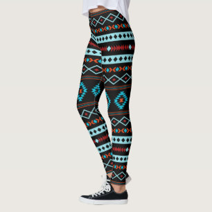 Aztec Blues Reds Black Mixed Motifs Pattern Leggings