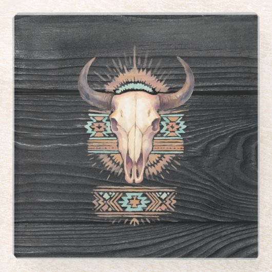 Aztec Boho Skull Glazen Onderzetter (Voorkant)