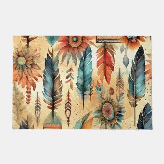 Aztec Boho Tribal Blauwe veren Deurmat (Voorkant)