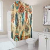 Aztec Boho Tribal Blauwe veren Douchegordijn (In situ)