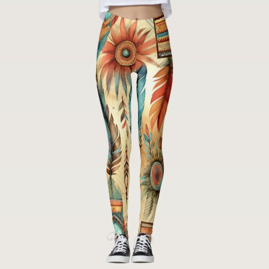 Aztec Boho Tribal Blauwe veren Leggings (Voorkant)