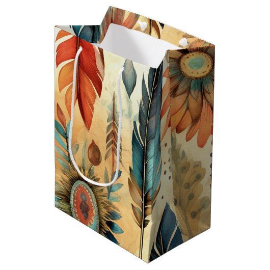 Aztec Boho Tribal Blauwe veren Medium Cadeauzakje (Voorkant Gekanteld)