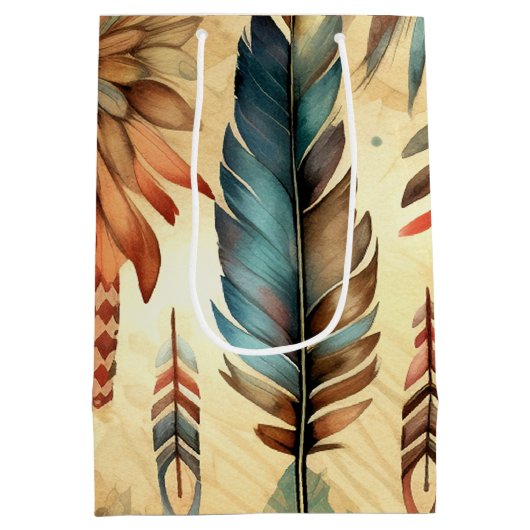 Aztec Boho Tribal Blauwe veren Medium Cadeauzakje (Achterkant)