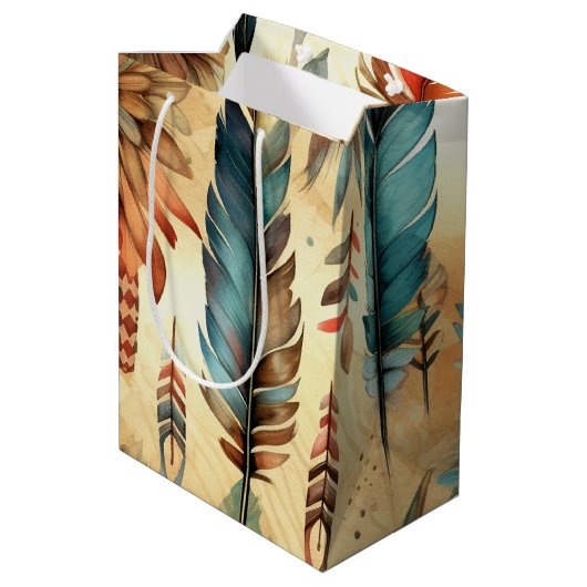 Aztec Boho Tribal Blauwe veren Medium Cadeauzakje (Achterkant Gekanteld)