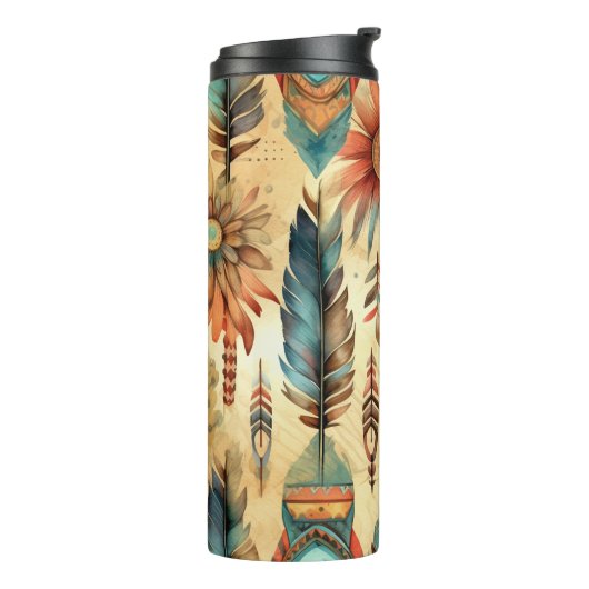 Aztec Boho Tribal Blauwe veren Thermosbeker (Gedraaid links)