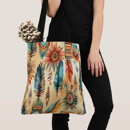 Aztec Boho Tribal Blauwe veren Tote Bag (Dichtbij)