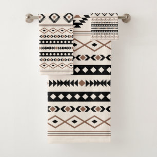 Aztec Brown Black Cream Mixed Motifs Pattern Bad Handdoek