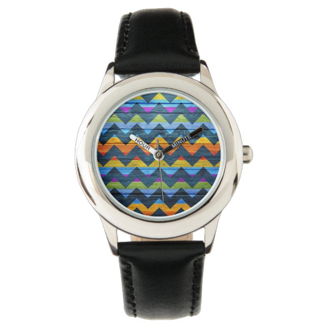 Aztec Chevron Wood Abstracte kunst #6 Horloge (Voorkant)