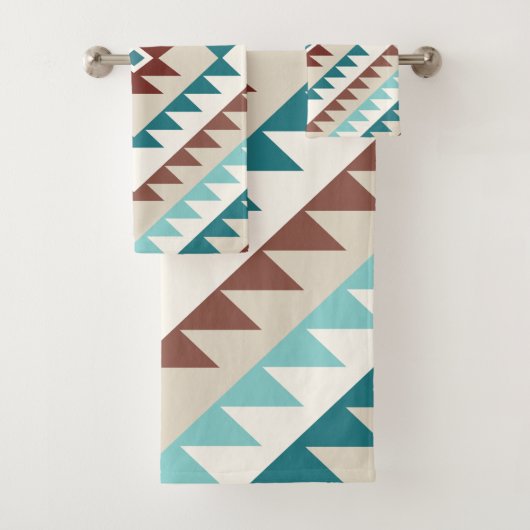 Aztec Diamond Motif Design Teals Creams Bruins Bad Handdoek (Insitu)