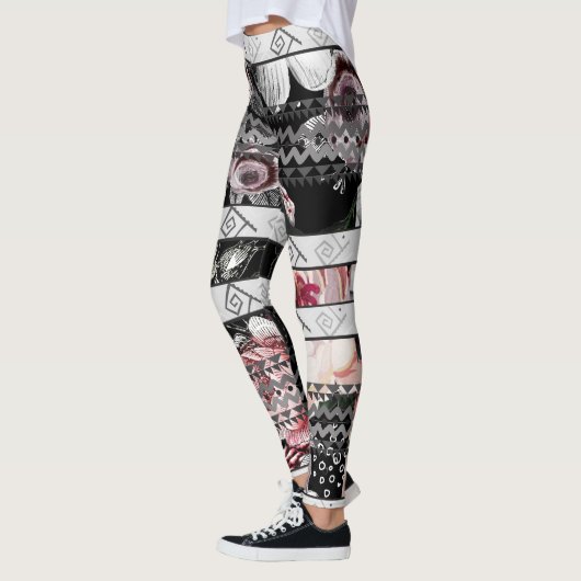 Aztec Floral Pink Paars en Black Roos Pattern Leggings (Links)