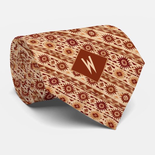 Aztec-geïnspireerd Brick Red and Sand Pattern Stropdas (Opgerold)