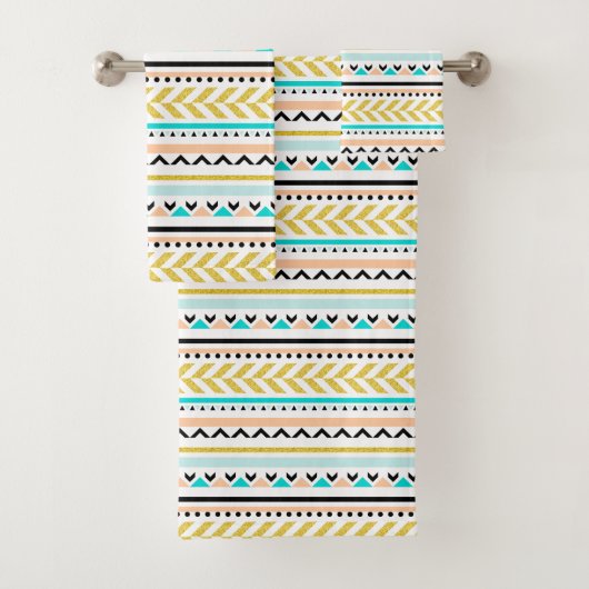 Aztec geïnspireerd goudblauw roze geometrisch patr bad handdoek (Insitu)