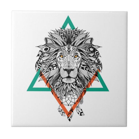 Aztec Geometric Lion Portret Tegeltje (Voorkant)