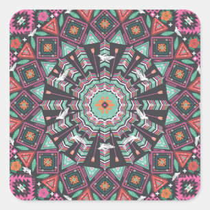 Aztec geometrisch: kleurrijk cirkelpatroon vierkante sticker