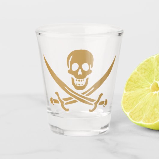 Aztec Gouden Schedel & Sabel Piraat Calico Jack Shot Glas (Voorkant)