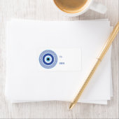 Aztec Grieks cirkelvormig naaldblauw Oogblauw Wit Etiket (Insitu)