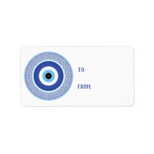 Aztec Grieks cirkelvormig naaldblauw Oogblauw Wit Etiket