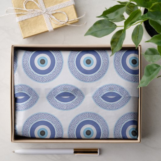 Aztec Grieks cirkelvormig naaldhoekspatroon blauw Tissuepapier (Geschenk)