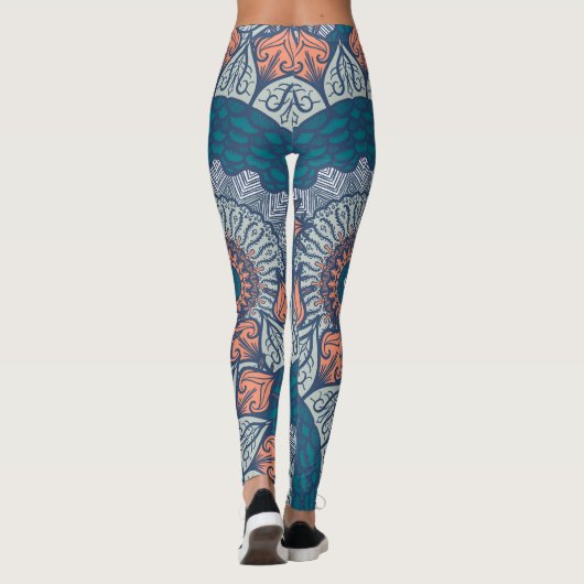 Aztec Mandala blauwgroen en oranje boho yoga leggi Leggings (Achterkant)