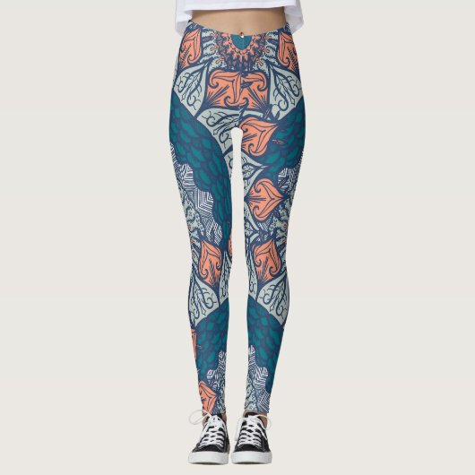 Aztec Mandala blauwgroen en oranje boho yoga leggi Leggings (Voorkant)