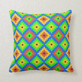Aztec Mayan Brick Pattern | Groen, blauw, geel Kussen
