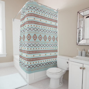 Aztec Mixed Motive Pattern Rusts Cream Blue Douchegordijn