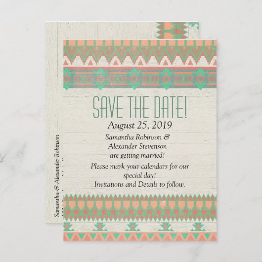 Aztec Native Pastel Peach/Aqua Save the Date Aankondigingskaart (Voorkant / Achterkant)