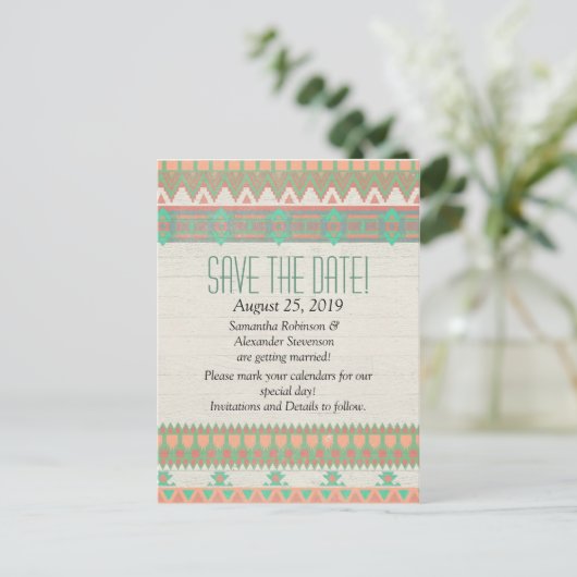 Aztec Native Pastel Peach/Aqua Save the Date Aankondigingskaart (Staand voorkant)