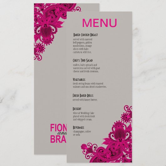 Aztec Paisley Dinner Menu fuschia grijs (Voorkant / Achterkant)