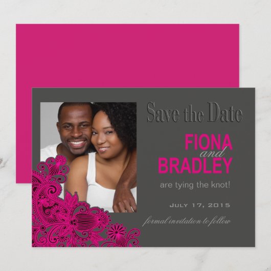 Aztec Paisley Photo Save the Date fuschia (Voorkant / Achterkant)