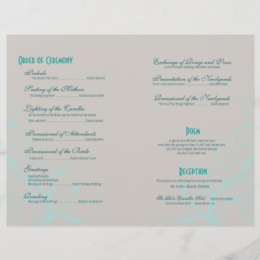 Aztec Paisley Wedding Programme - blauwgroen houts (Achterkant)