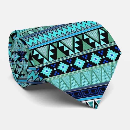 Aztec-patronen blauw/munt/groene stropdas (Opgerold)