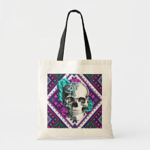 Aztec Roos schedel op tribaal pixelpatroon. Tote Bag
