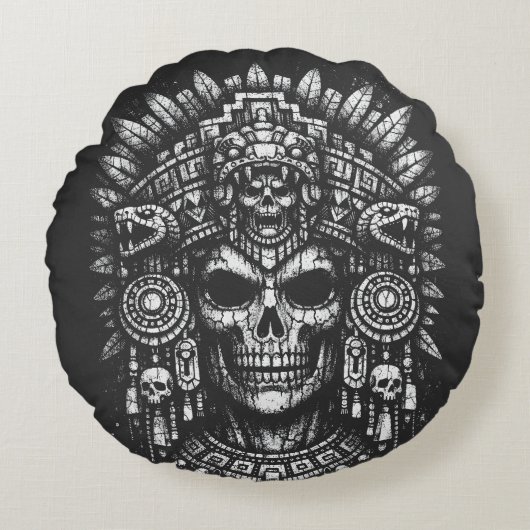 Aztec Schedel Hoofdtooi door BurnsInHell Rond Kussen (Voorkant)