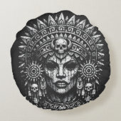 Aztec Schedel Hoofdtooi door BurnsInHell Rond Kussen (Achterkant)