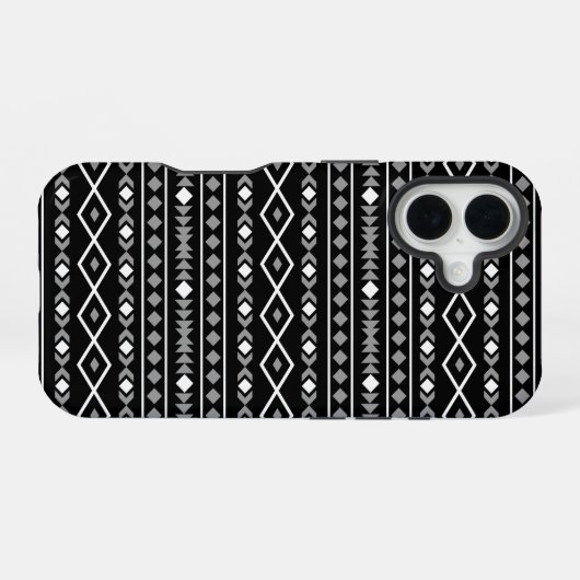 Aztec Shapes Patroon Grijs Wit Zwart iPhone 16 Hoesje (Achterkant horizontaal)