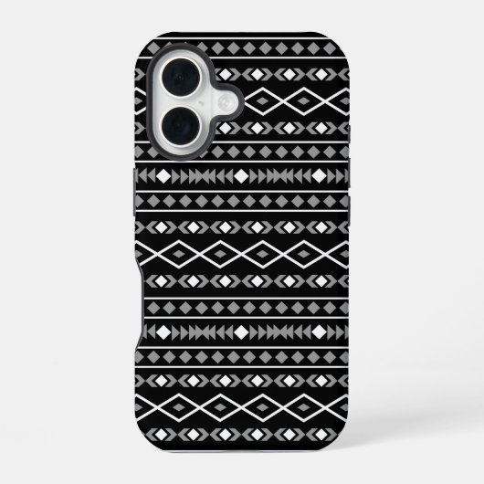 Aztec Shapes Patroon Grijs Wit Zwart iPhone 16 Hoesje (Achterkant)