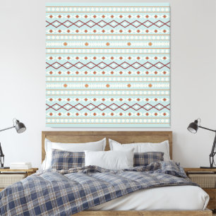 Aztec Shapes Pattern Rusts Cream Blauwgroen-Blue Canvas Afdruk