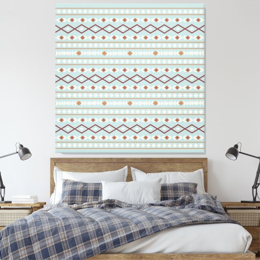 Aztec Shapes Pattern Rusts Cream Blauwgroen-Blue Canvas Afdruk (Insitu (Slaapkamer))
