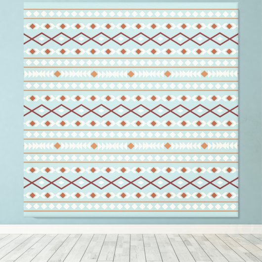 Aztec Shapes Pattern Rusts Cream Blauwgroen-Blue Canvas Afdruk (Insitu (Houten vloer))