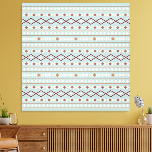 Aztec Shapes Pattern Rusts Cream Blauwgroen-Blue Canvas Afdruk (Insitu (Woonkamer))