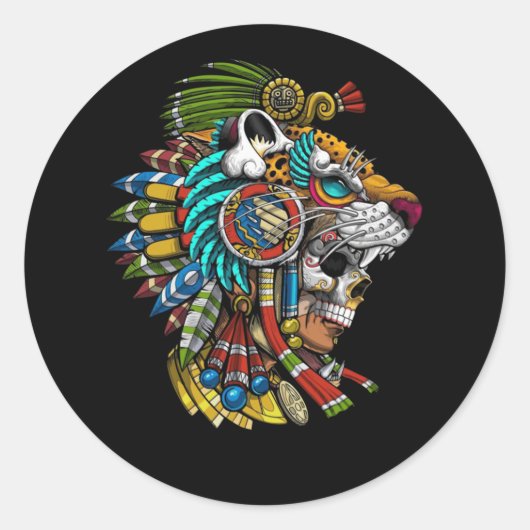 Aztec Skull Jaguar Warrior Mask Ancient Mayan Ronde Sticker (Voorkant)